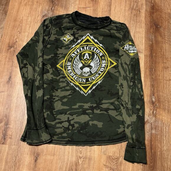 Vintage Affliction Thermal Shirt Reversible Y2K Long Sleeve Camo Black Mens 2XL - Picture 4 of 10